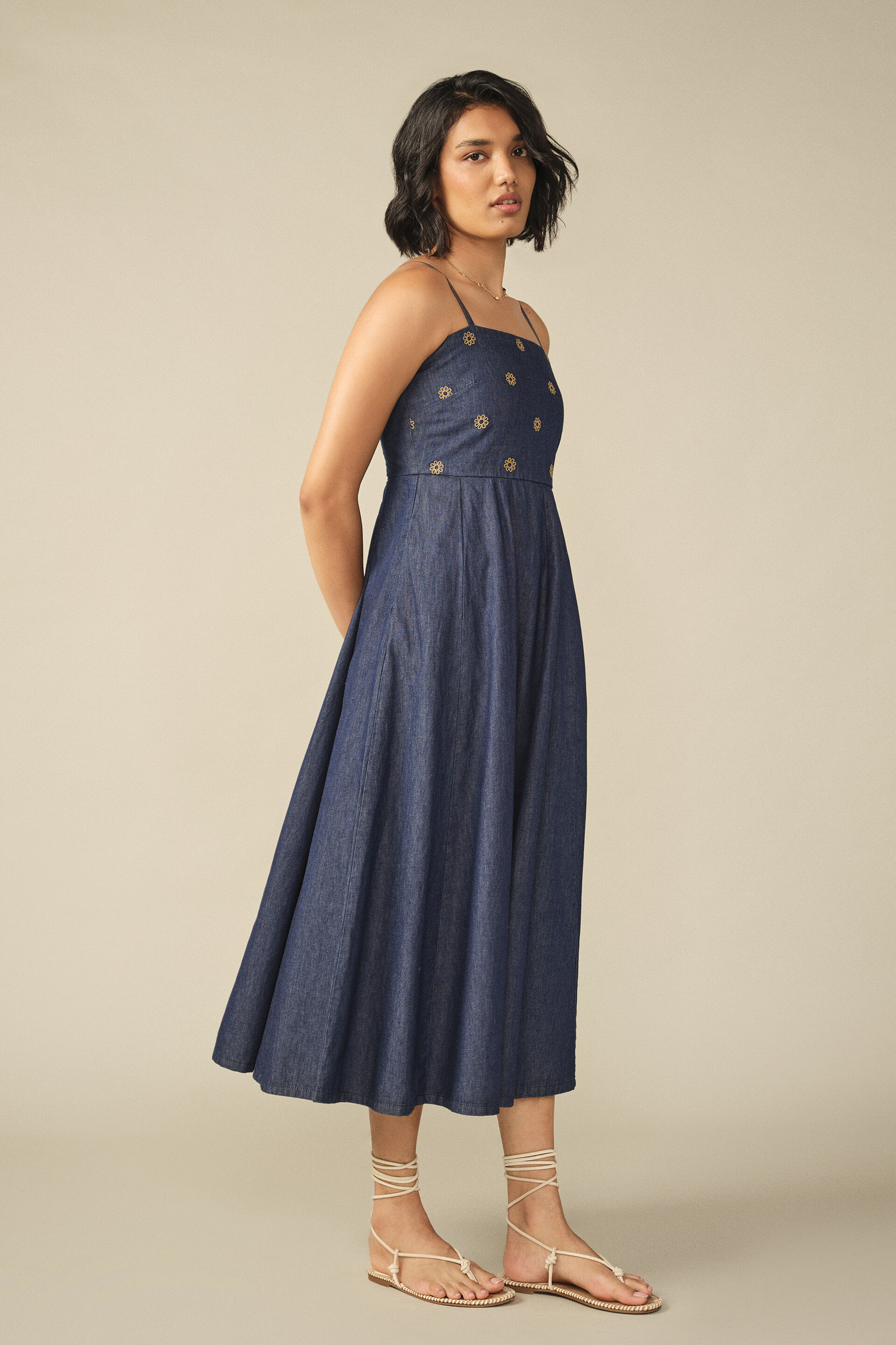 Fit & Flare Embroidered Dress in Denim Blue, Denim, image 4